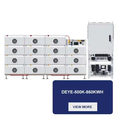 Front view of Deye 500kW solar inverter with 860kWh battery pack designed for large-scale solar power systems.