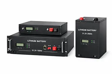 Lithium Batteries Buying Guide showing black rack and tower lithium battery units with LCD screens and red terminals.