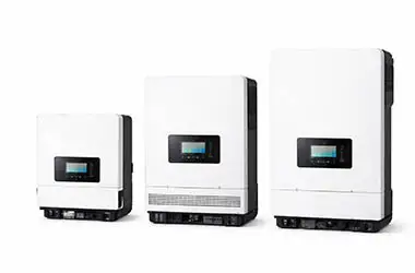 Solar Inverters Buying Guide banner featuring three white inverter models, front screens, black connection base.