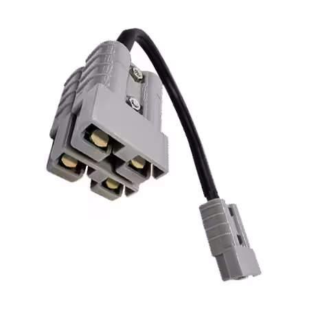Grey 50A Anderson plug to dual Anderson plug adaptor cable on white background.
