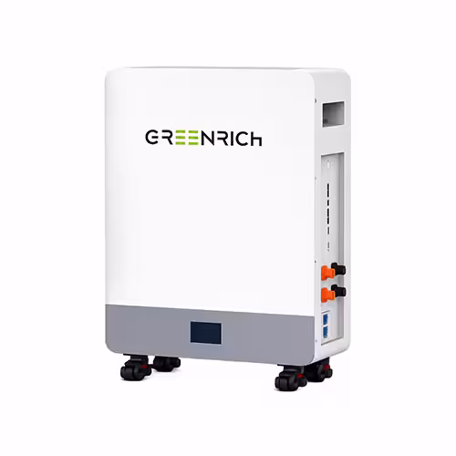 Front-facing Greenrich 16kWh Lithium Battery in white floor-standing case with brand logo.