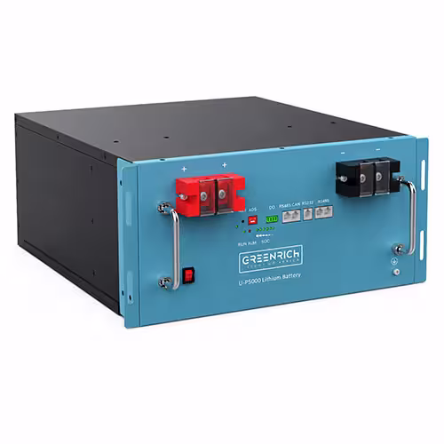 Front-facing Greenrich 5.1kWh Lithium Battery in white rack-mount case with brand logo.