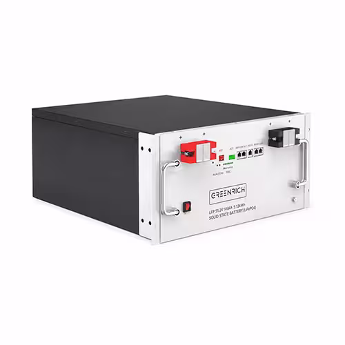 Front-facing Greenrich 6.1kWh Lithium Battery in white wall-mounted casing with brand logo.